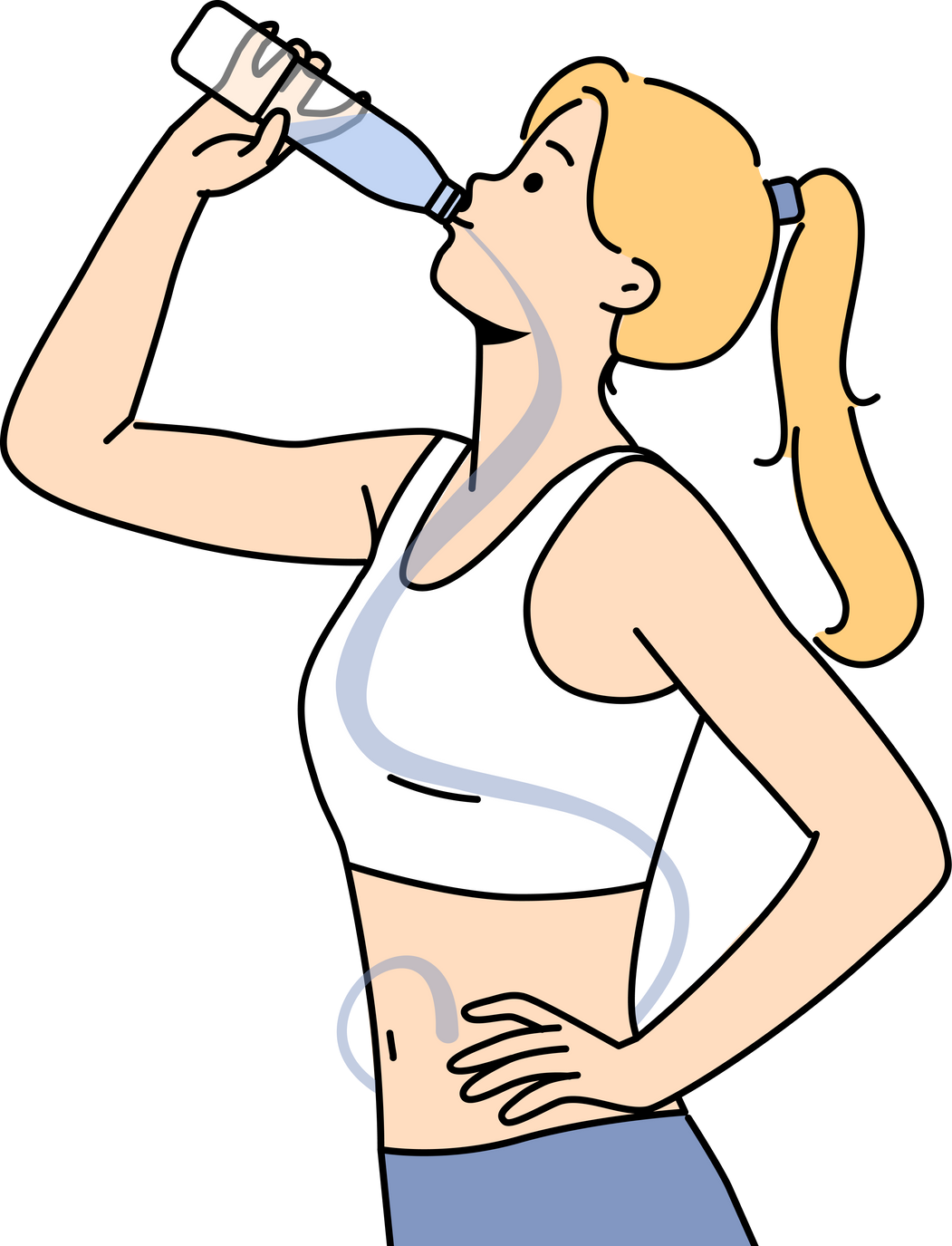 Slender woman drinks mineral water from bottle to cleanse body of toxins and harmful toxins. Girl dressed in sportswear drinks water to quench thirst after long run or fitness workout.